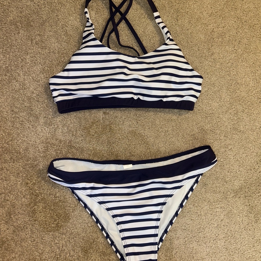 Striped Navy and White Bikini Set